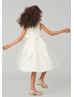 Pearl Neck Satin Tulle Knee Length Flower Girl Dress